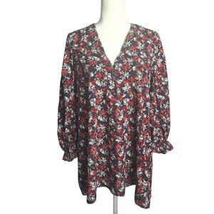 Zara Floral Tunic Top Black Red 3/4 Sleeve Cinch Cuff Split Neck Small Womens